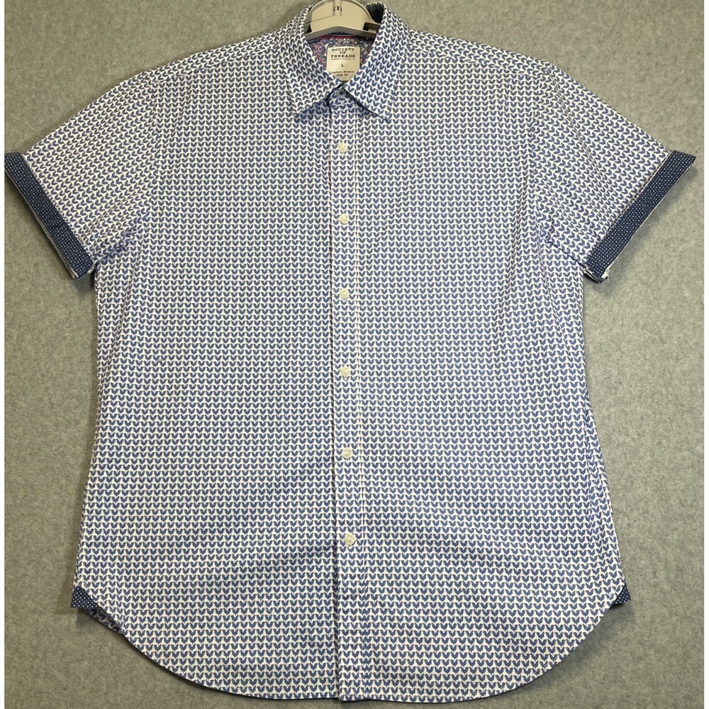 Society Of Threads Shirt Mens L Blue Roosters Print Slim Fit Comfort Stretch